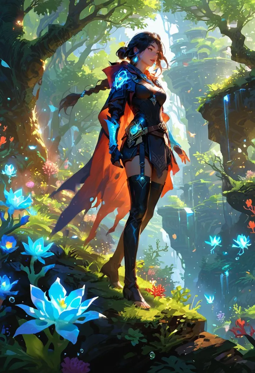 Anime-style warrior in coral mage's vestments amidst vivid forest with glowing flowers.