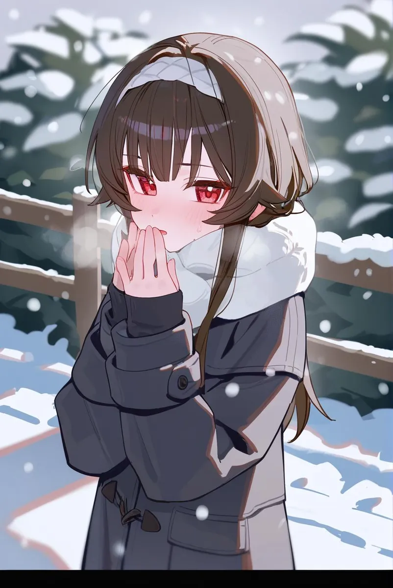 Anime girl with red eyes in a snowy, winter scene wearing winter clothes.