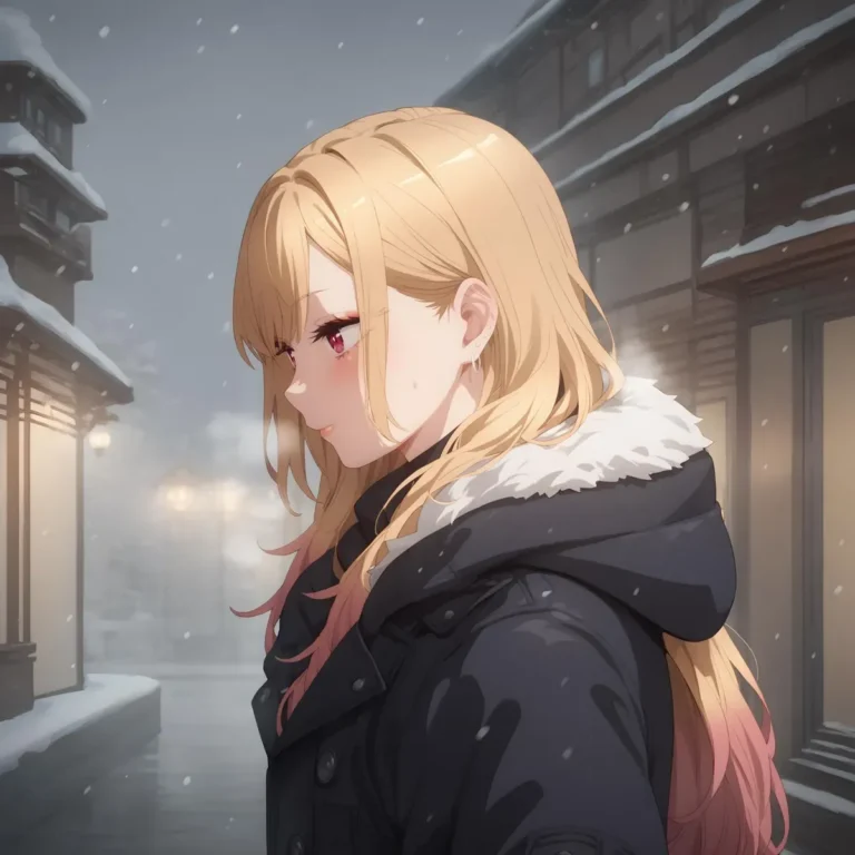 冬の服装をしたブロンドの髪のアニメの女の子、雪が降る背景。