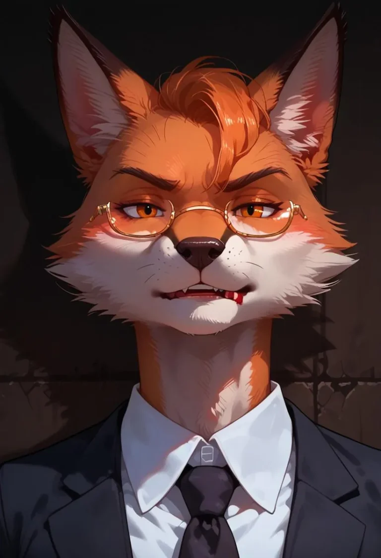 Anthro fox man with glasses in a suit, holding a bloody hammer.