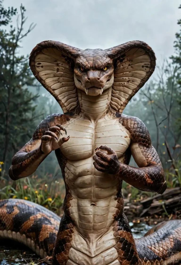 A hyper realistic anthro cobra male with detailed scales in an outdoor forest setting.