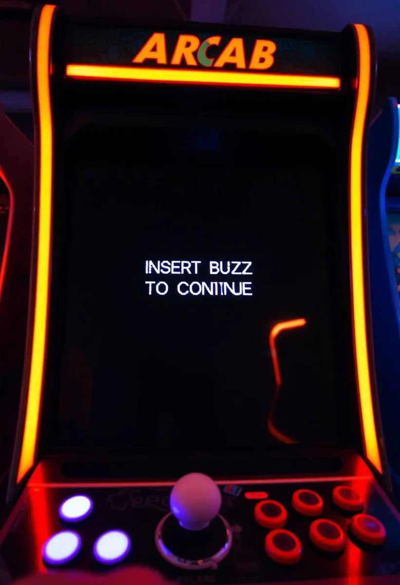 アーケードゲームの画面をクローズアップし、「INSERT BUZZ TO CONTINUE」と表示。照明付きのコントロール、HDR、高解像度画像。