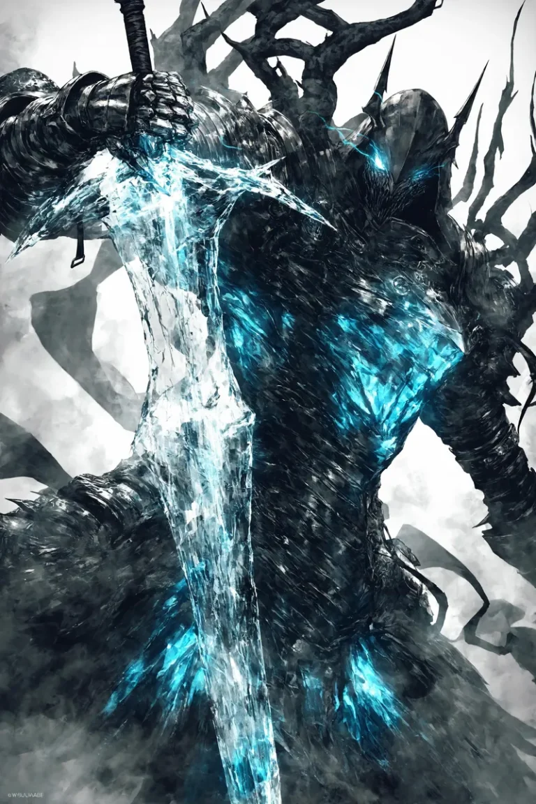 Armored figure in a fighting stance with a glowing ice sword and ferocious eyes, showcasing dramatic lighting and intricate details.