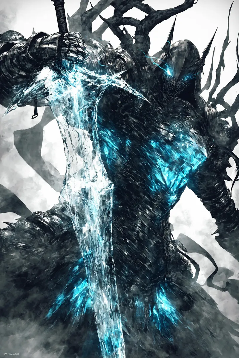 Armored figure in a fighting stance with a glowing ice sword and ferocious eyes, showcasing dramatic lighting and intricate details.