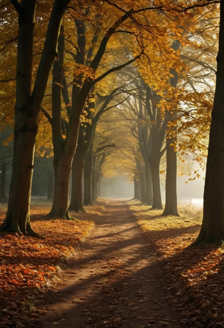 A sunlit path through autumn woods with oak trees and fallen leaves, captured in a dramatic landscape style.