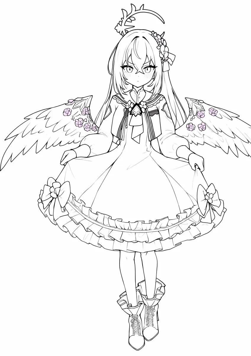 Monochrome line art of Azusa from Blue Archive with wings, standing in a dress and holding a skirt on a white background.