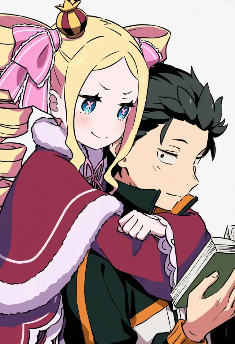 Beatrice from Re:Zero hugging Natsuki Subaru, holding a book.