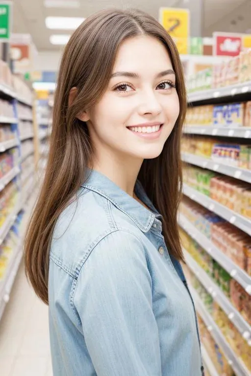 食料品店で笑顔のストックガールのフォトリアリスティック ポートレート。詳細な目とリアルな肌。