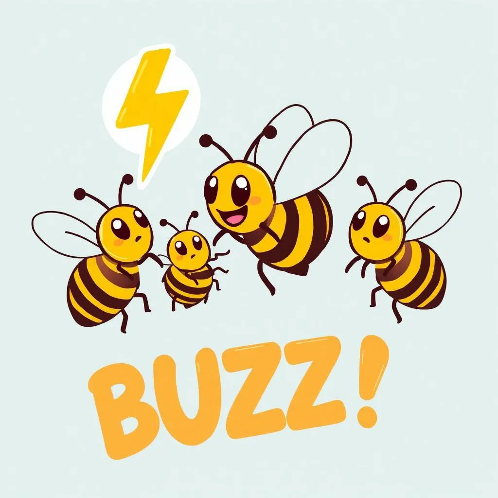 Cartoon bees near a yellow lightning bolt with the word 'BUZZ!' in bold.