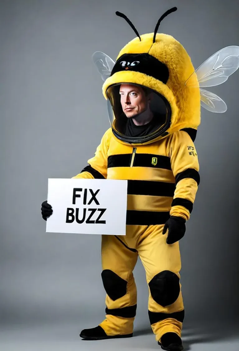 コミカルに合わない蜂のコスチュームを着た人物が「Fix Buzz」と書かれたサインを持っている。