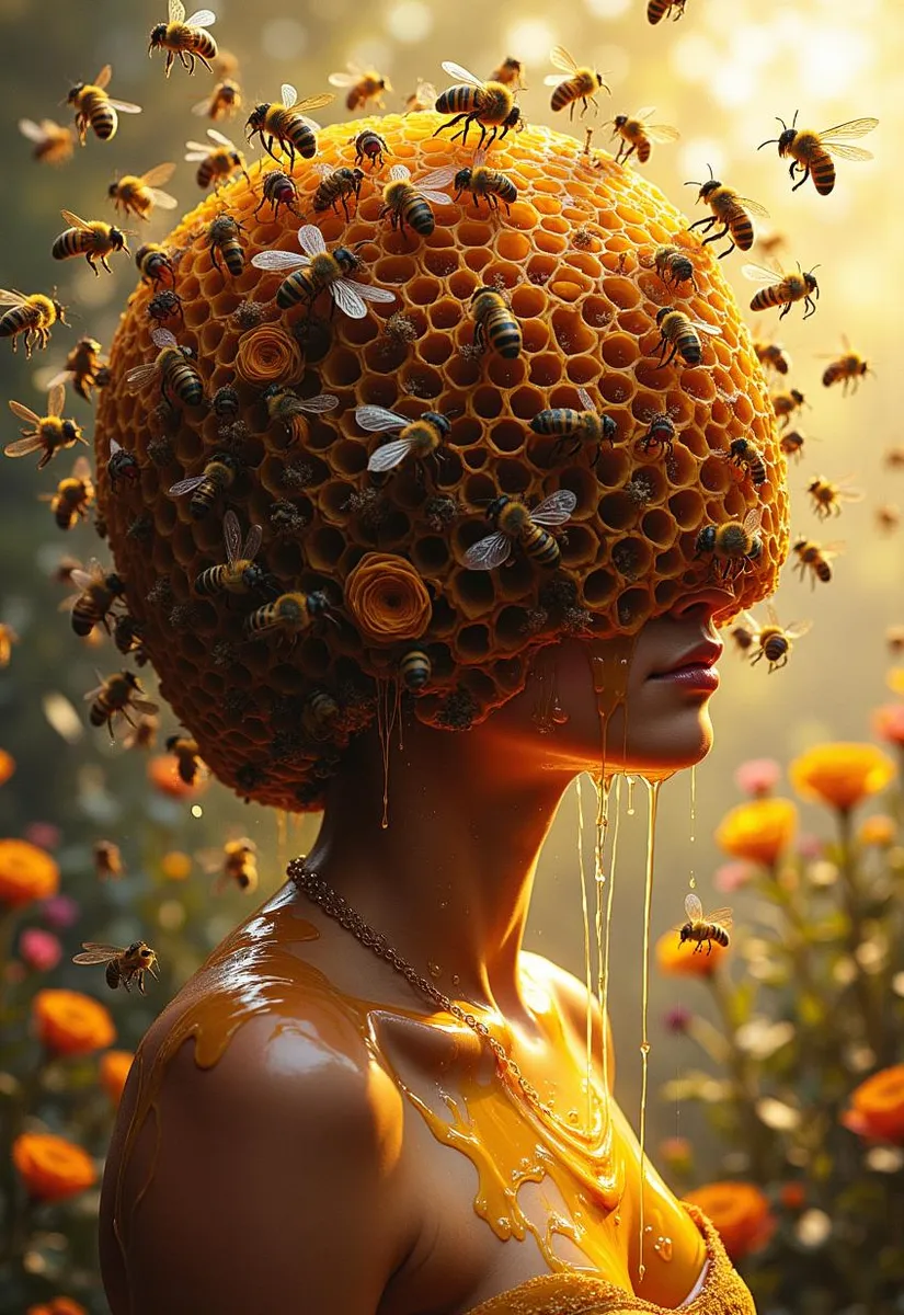 Semi-realistic painting of a person with a beehive for a head, surrounded by bees and dripping honey.