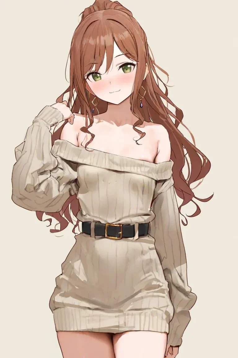 Anime-style girl with green eyes in a beige off shoulder sweater and belt.