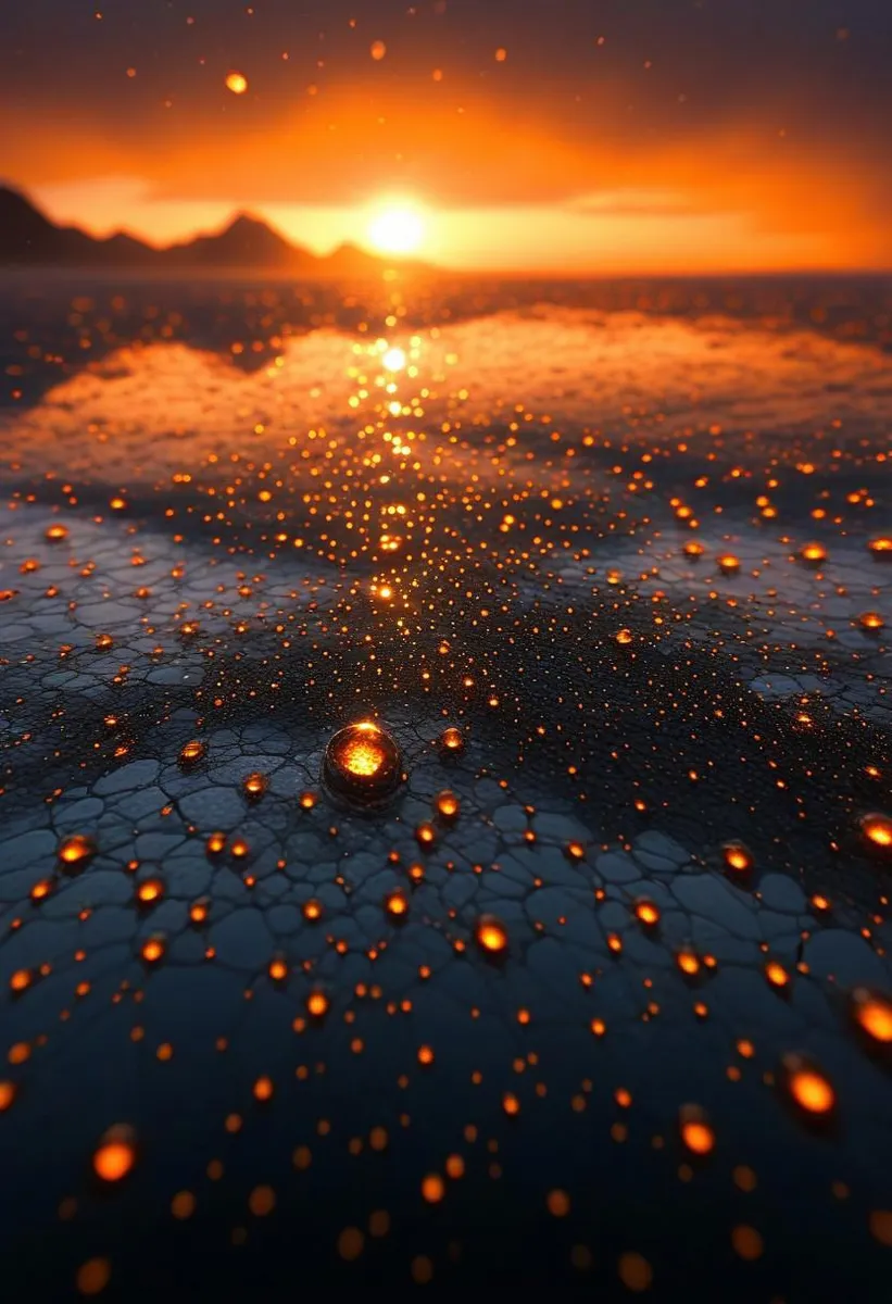 Bioluminescent fishnet illuminated by orange sunset with dew droplets.