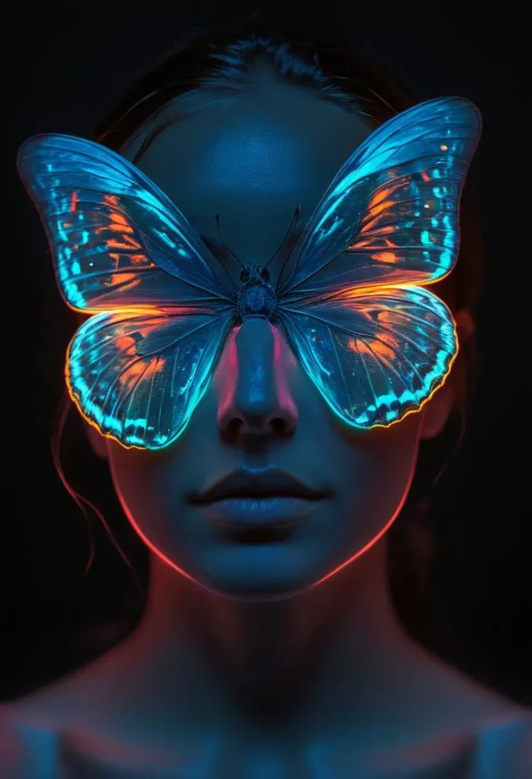 A portrait featuring a neon glowing butterfly covering the face in vibrant bioluminescent colors.