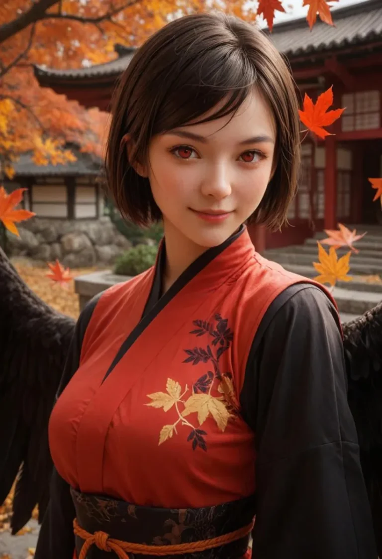 Portrait of a woman with black hair and red eyes wearing a kung fu dress with black wings in front of Japanese architecture surrounded by autumn leaves.