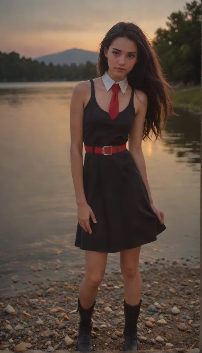 A girl in a black dress with a red tie and belt stands by a lake at night, with moonlight passing through her long black hair.