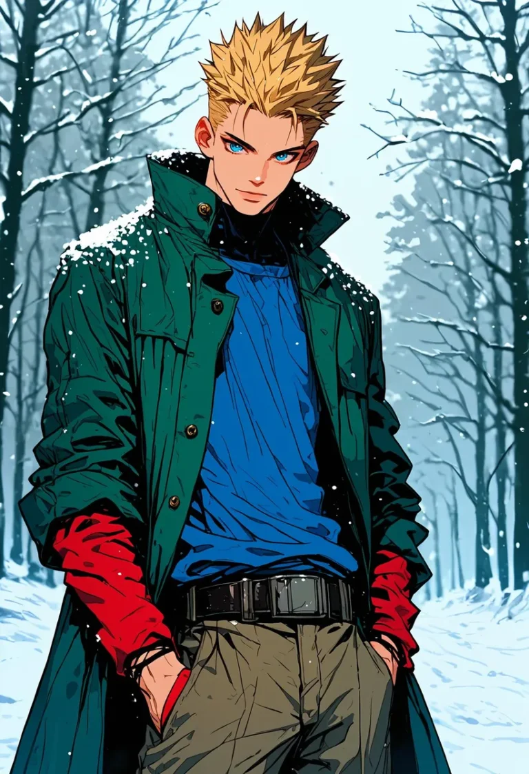 Anime character with blonde spiky hair and blue eyes, wearing a green coat, in a snowy forest.