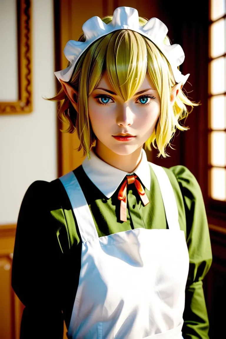 Blonde maid with blue eyes, pointy ears, wearing a green dress and a maid headdress, detailed fantasy illustration.