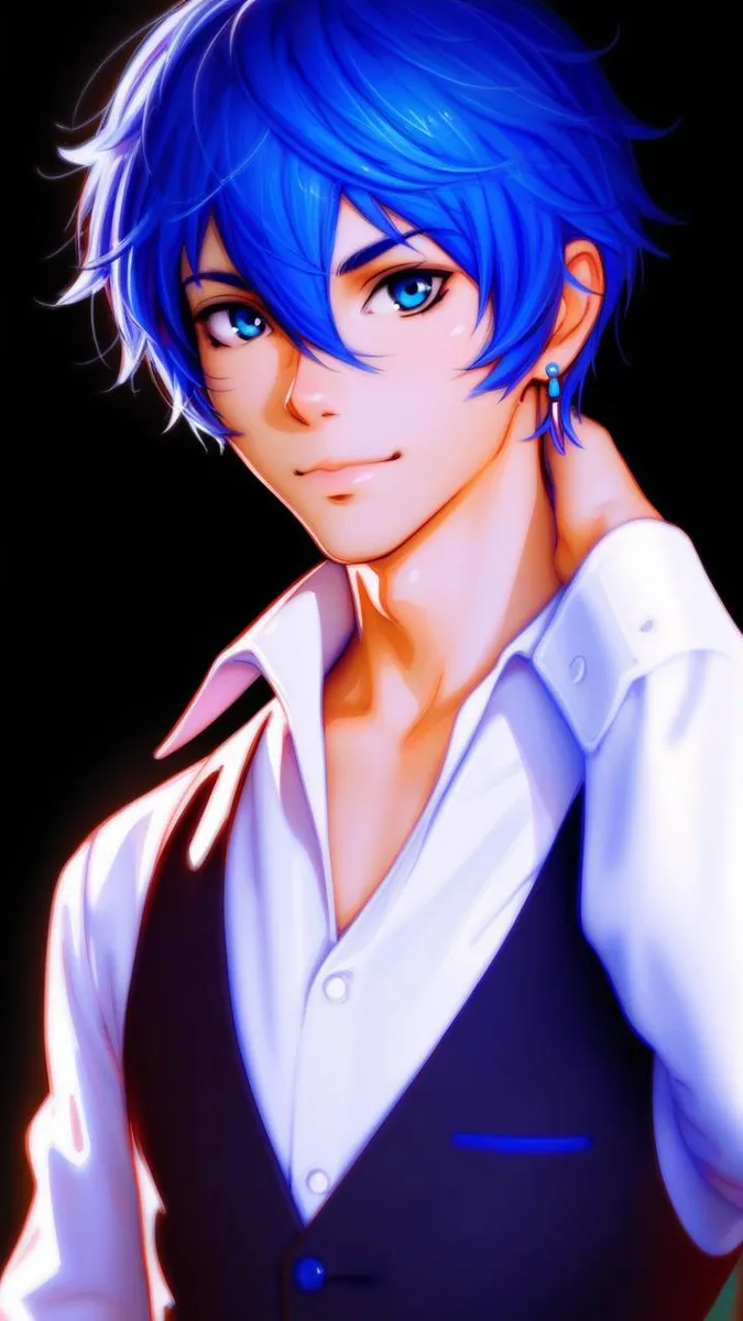 Anime-style boy with blue hair and formal attire on a black background.