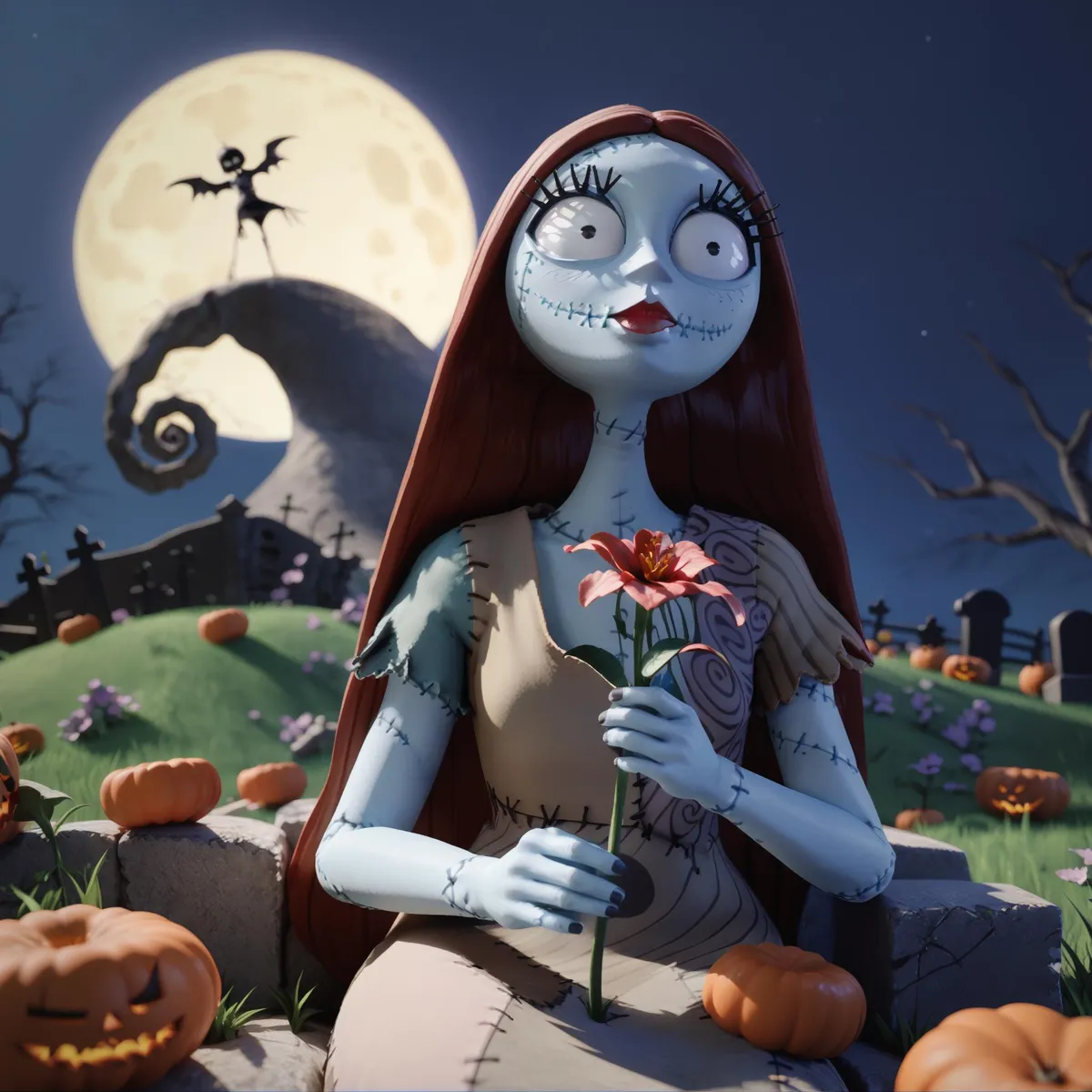 A wistful blue-skinned girl in Tim Burton style sitting by a gravestone under a moonlit sky, holding a flower.