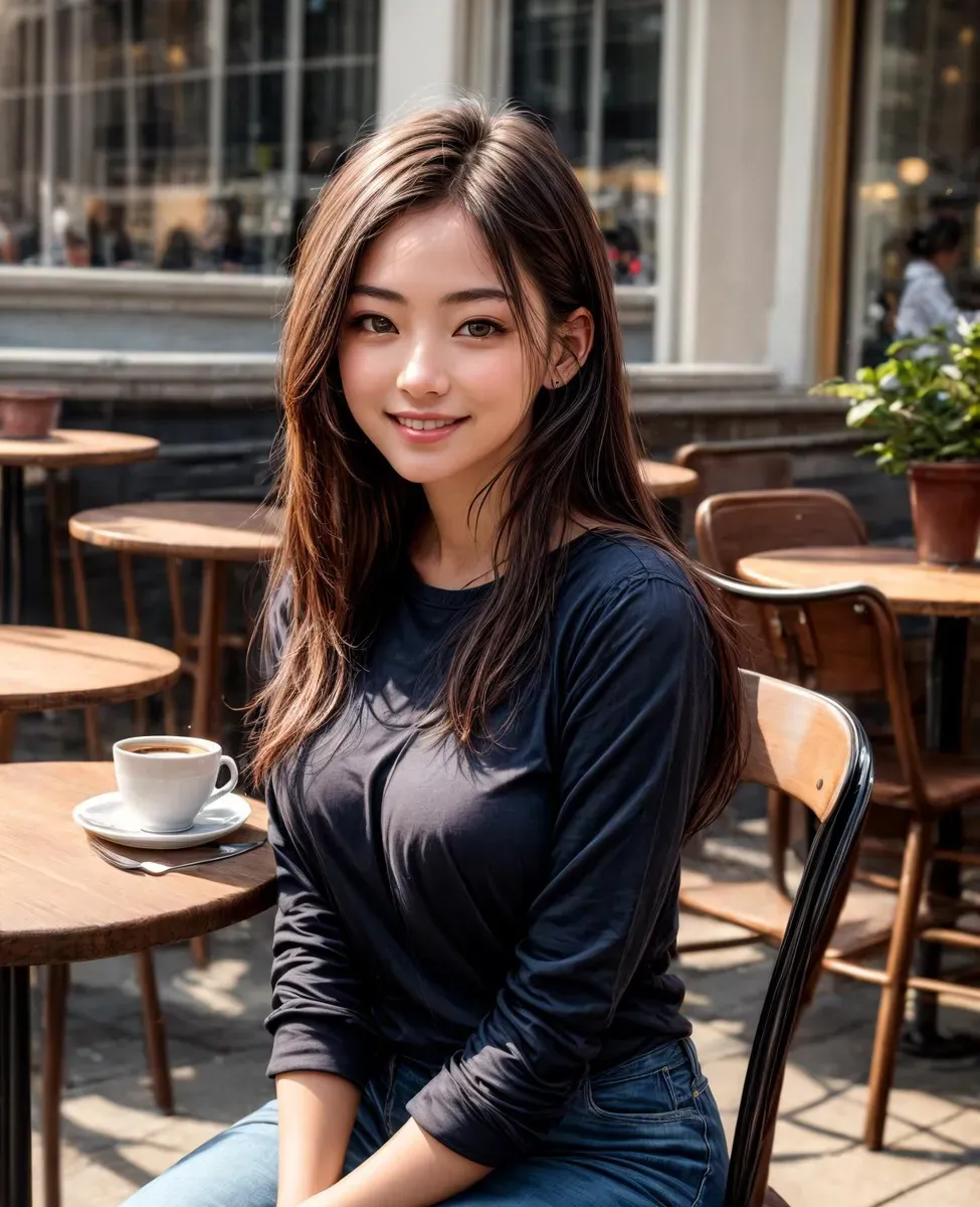 ロングヘアーで笑顔の女の子がカフェでコーヒーカップを持ちながら座っているフォトリアリスティックな画像。