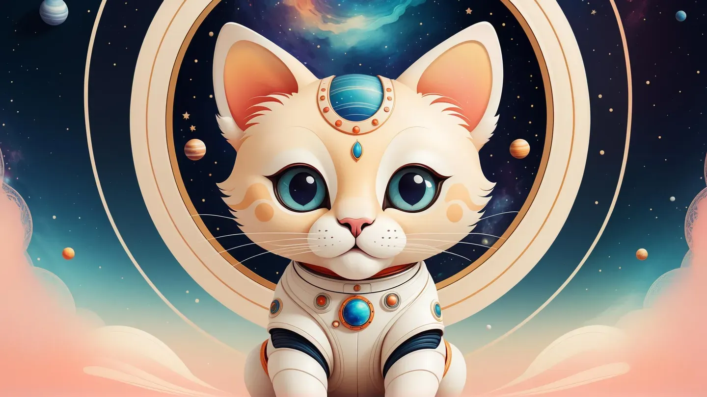 宇宙服を着た大きな猫が、ソフトカラー、星、惑星、土星を含む抽象的な宇宙マンダラの背景に配置されています。