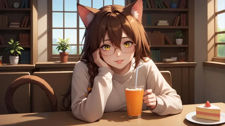 黄色い目と眼鏡を持つ猫娘が飲み物を手にテーブルに座っているアニメスタイルのイラスト。