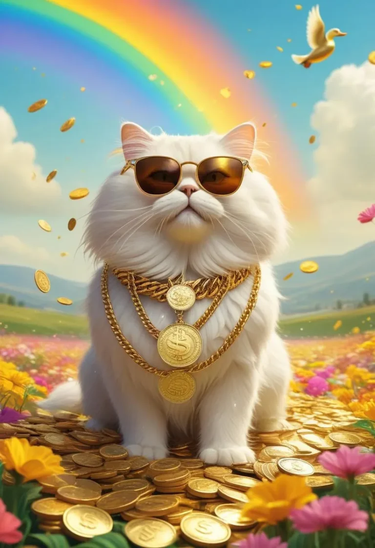 Cartoon Persian cat with gold chain and sunglasses, surrounded by coins, flowers, and a rainbow.