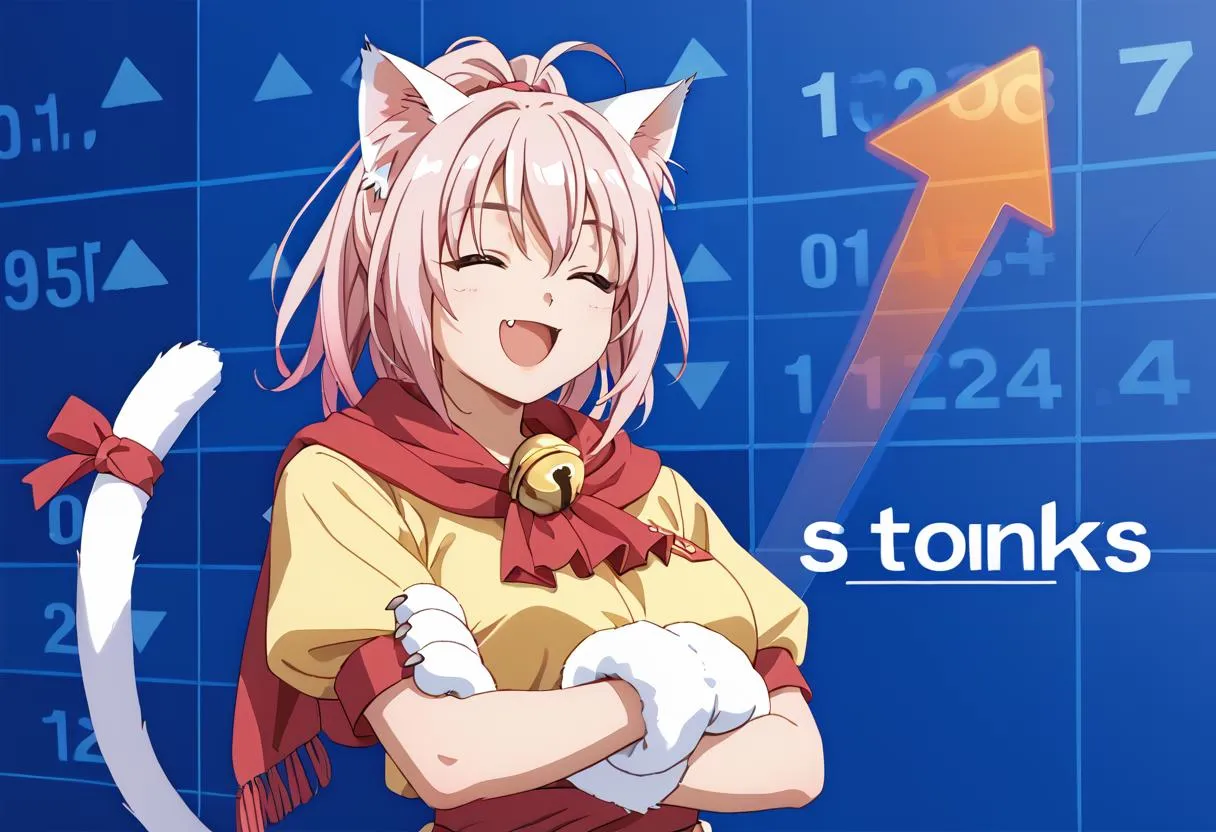 Anime-style catgirl with pink hair and paw gloves, smiling with a stonks meme background.