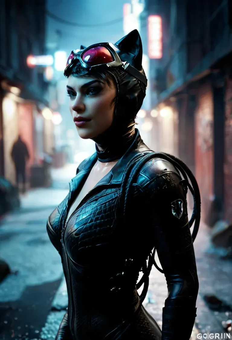 Realistic portrait of Catwoman with goggles in a neon-lit city alley.