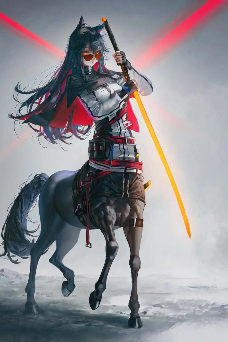 Armored centaur girl with wolf ears holding a glowing sword, wearing sunglasses and fingerless gloves, standing confidently.