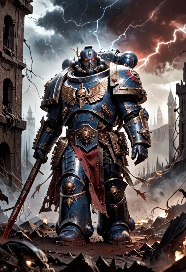 Chaos Space Marine in corrupted armor stands in apocalyptic battlefield with spikes, chains, and glowing, under a crimson sky.