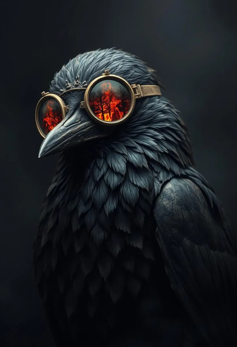 A hyper-realistic image of a crow with charred and fossilized appearance, wearing goggles reflecting a burning treeline on a smoky background.