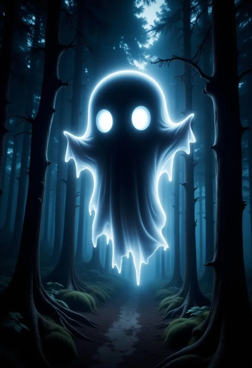 A cute chibi ghost with huge eyes flying through a dark forest.