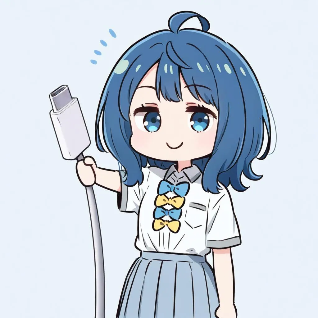 Chibi girl with blue hair holding a charging cable in a school uniform.