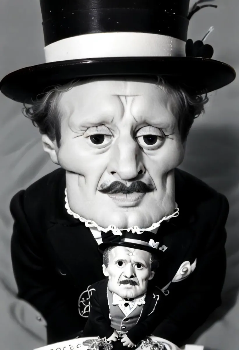 A small chibi man with a top hat and comically large mustache, photographed in black and white with a vintage art deco style.