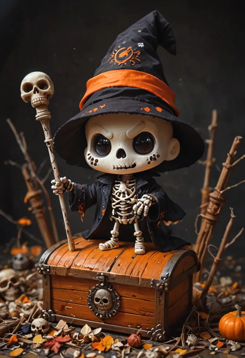 A chibi-style skeleton witch with a witch hat holding a staff, sitting on a treasure chest surrounded by Halloween-themed decor.