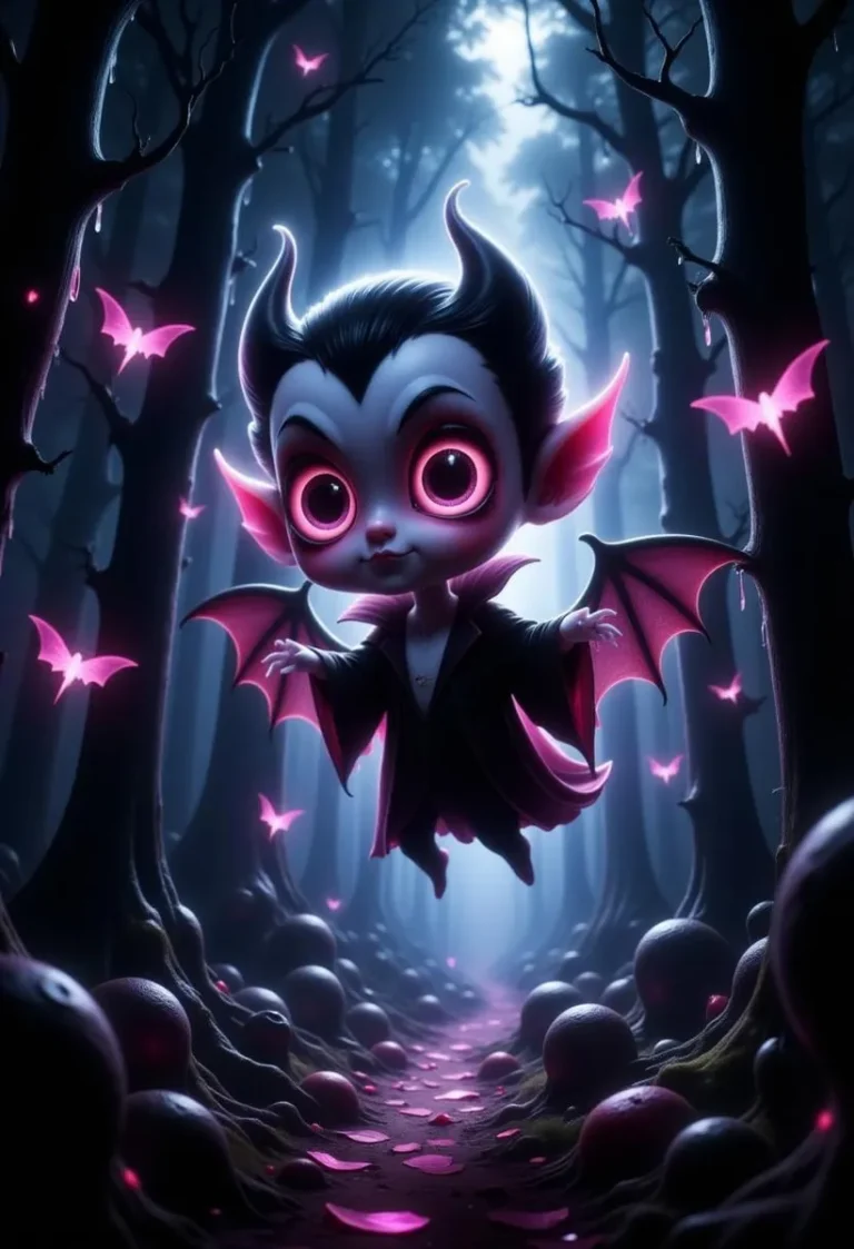 A cute chibi vampire with large eyes flying through a dark forest surrounded by glowing pink bats.