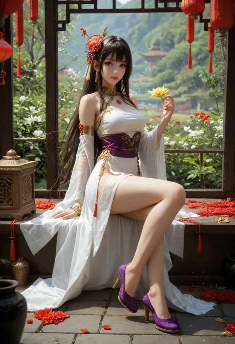 Woman in elegant Chinese dress with purple and gold accents, holding a yellow flower.