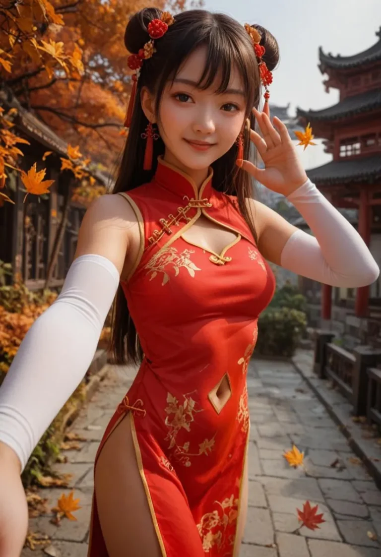 秋の葉の中にいるオレンジ色のドレスを着た若い中国女性。