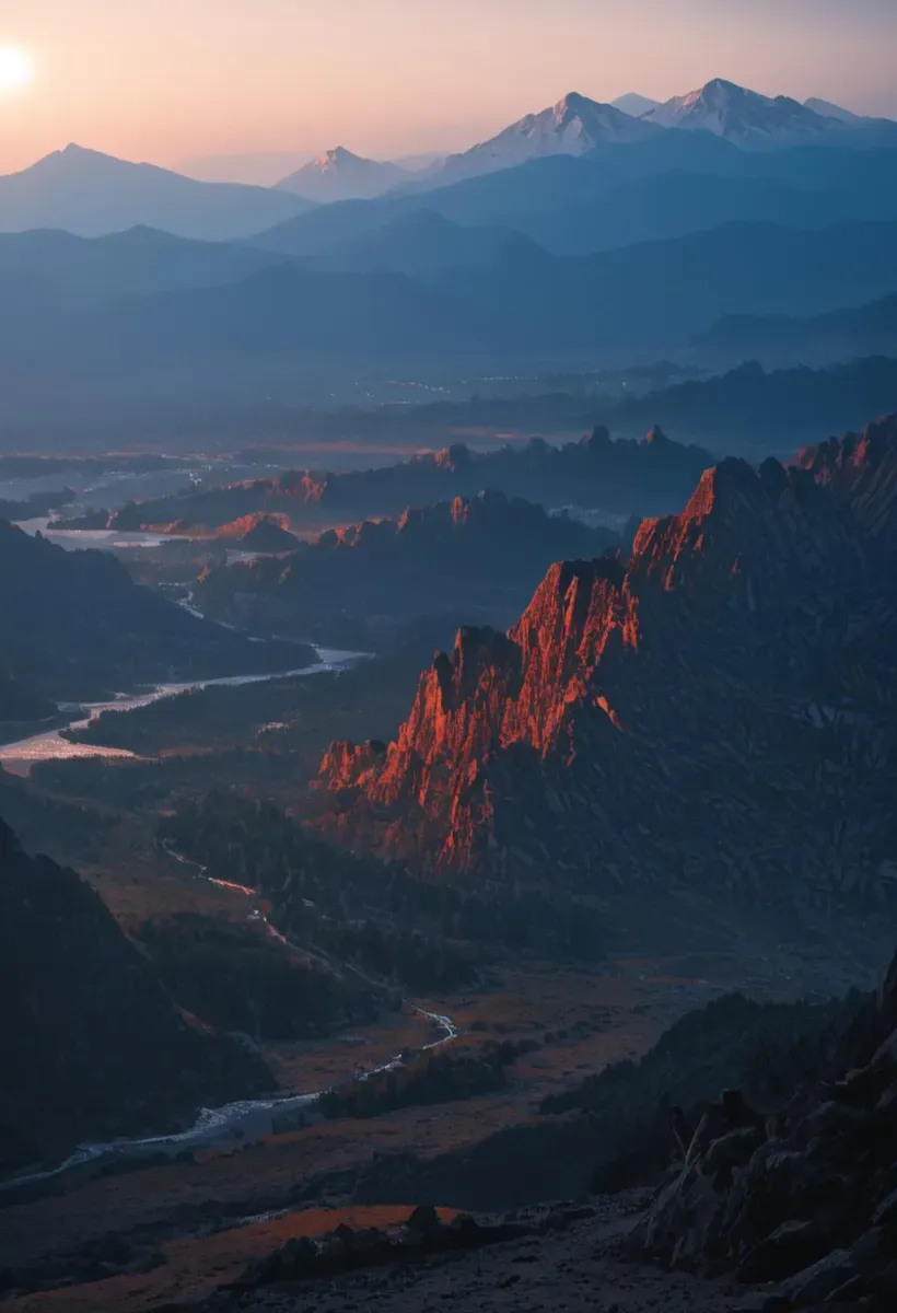 ドラマチックな照明とチェルノブイリ環境の、夕暮れ時の山腹の川の超詳細なシネマティック8k写真。