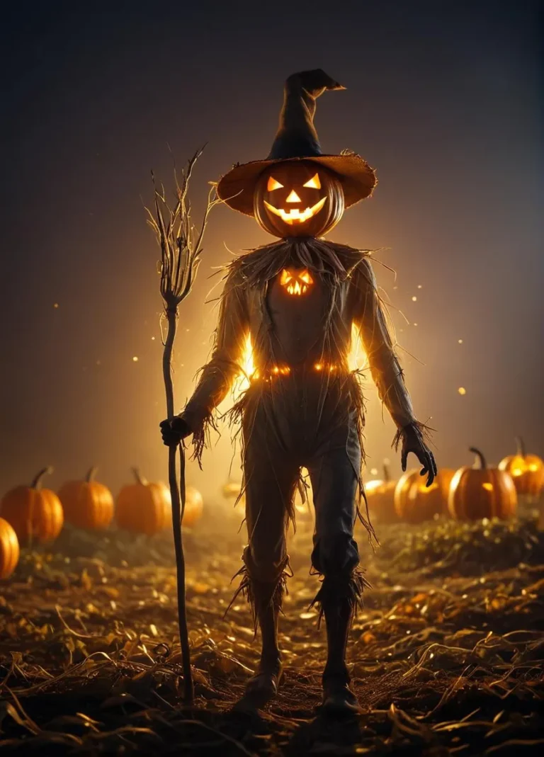 Glowing scarecrow with pitchfork in a foggy pumpkin patch.