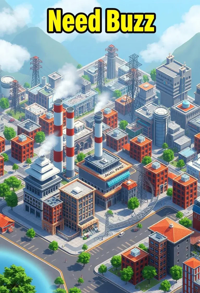 Screenshot from a city builder game depicting a power plant and buildings without power.