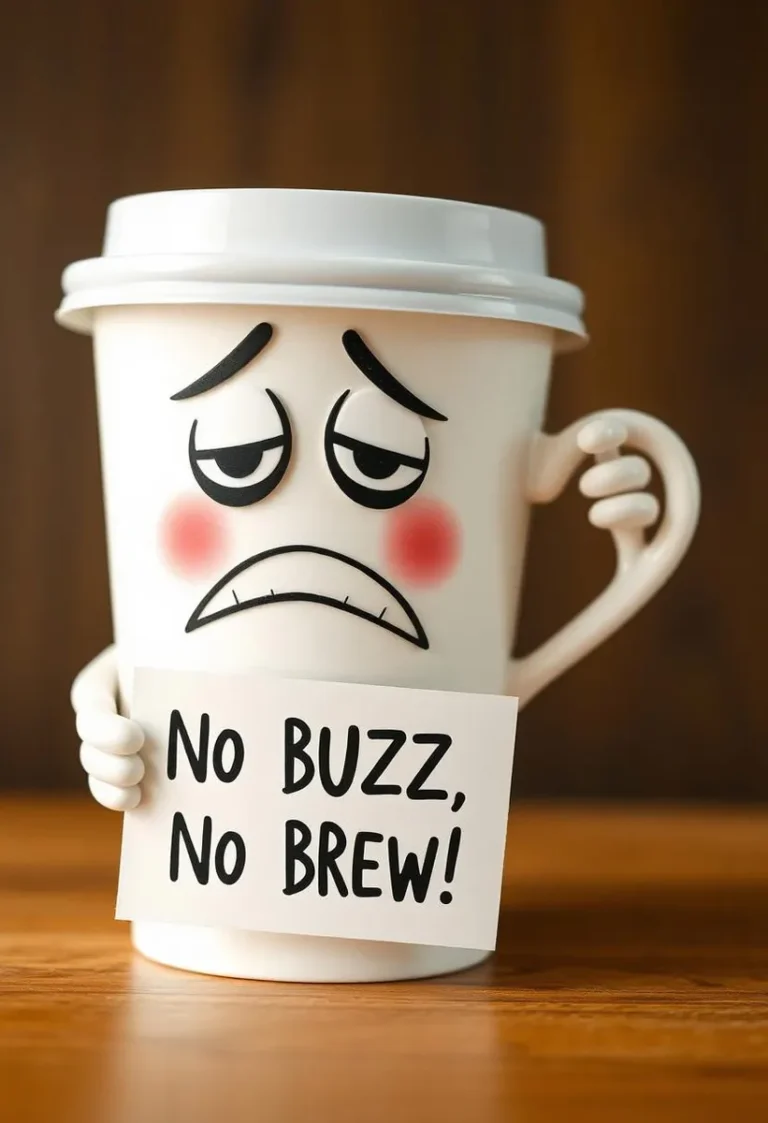 A tired-looking coffee cup with a face holding a sign saying 'No BUZZ, No Brew!'