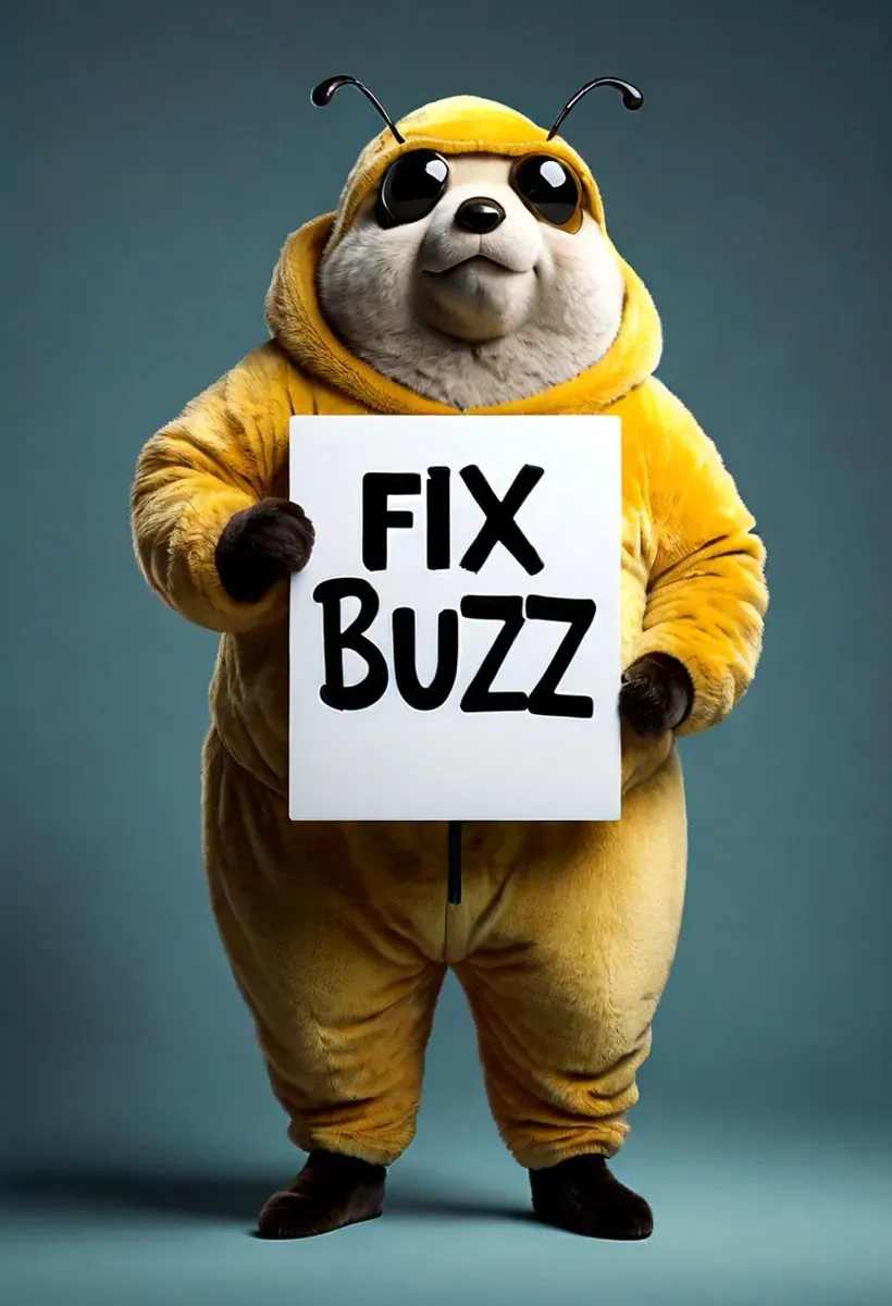 黄色の蜜蜂パジャマを着たキャラクターが「FIX BUZZ」と書かれた看板を持っているハイパーリアリスティックな画像。