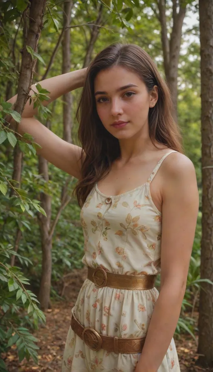 Cute girl in a forest setting with a gold belt and intricate patterns, inspired by Klimt's Art Nouveau style.