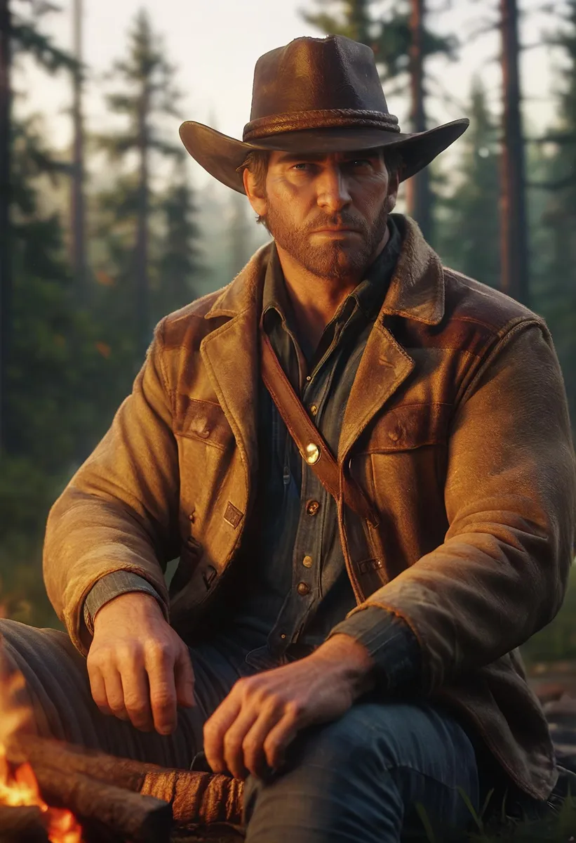 A manly cowboy with facial hair sits by a campfire in a forest, wearing a cowboy hat, shirt, and jacket.