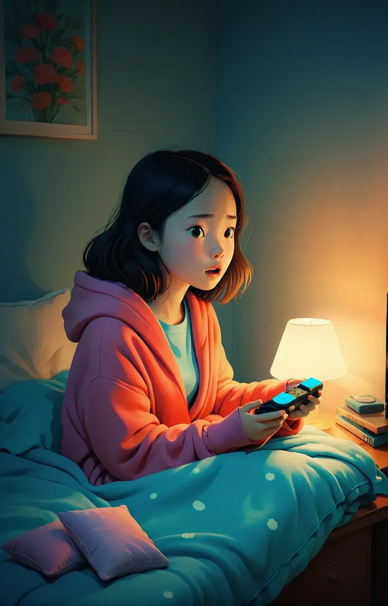 夜にゲームをする女の子、テレビに照らされた居心地の良い設定。