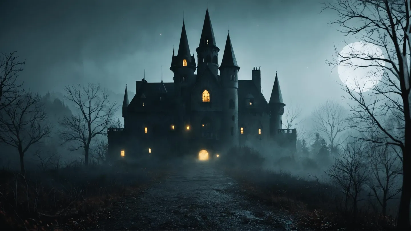 Creepy old castle with glowing windows at night, surrounded by mist, leafless trees, and high mountains in a spooky, dramatic scene.