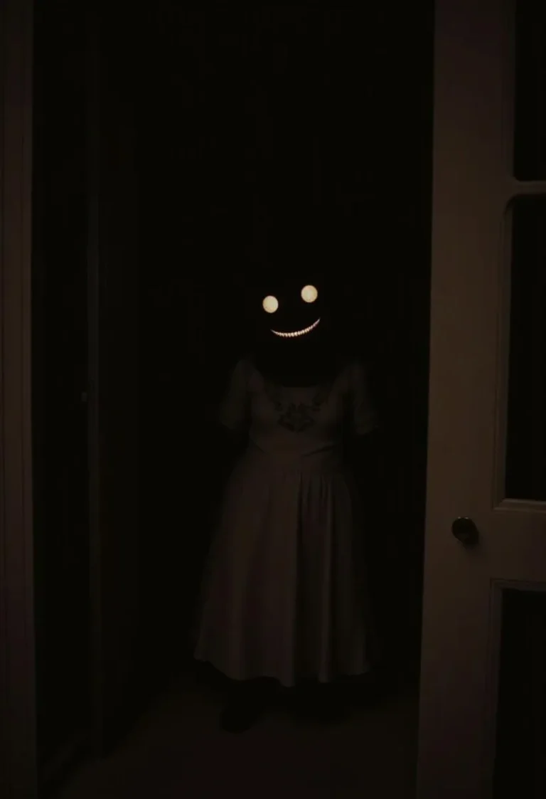 Creepy girl with big eyes and scary smile in a dark room.